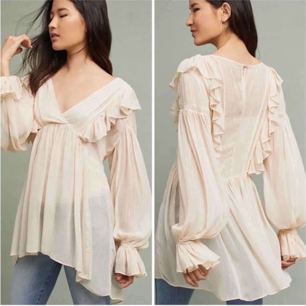 Anthropologie Maeve Wynn Metallic Striped Boho Peasant Flowy Tunic Top Size 0‎